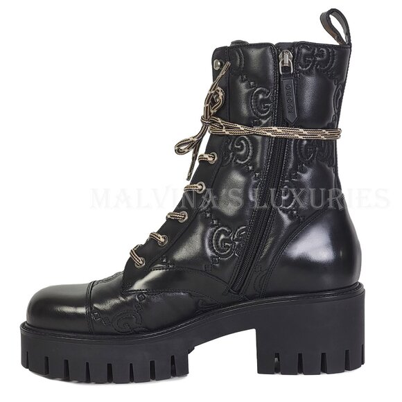 GUCCI BOOTS ANKLE BLACK GG LOGO LEATHER QUILTED LACE-UP sz 39.5 9.5 US - Picture 9 of 16